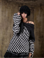 ARIADNAw Color Block Striped Off Shoulder Punk Women's Long Sleeve T-shirts