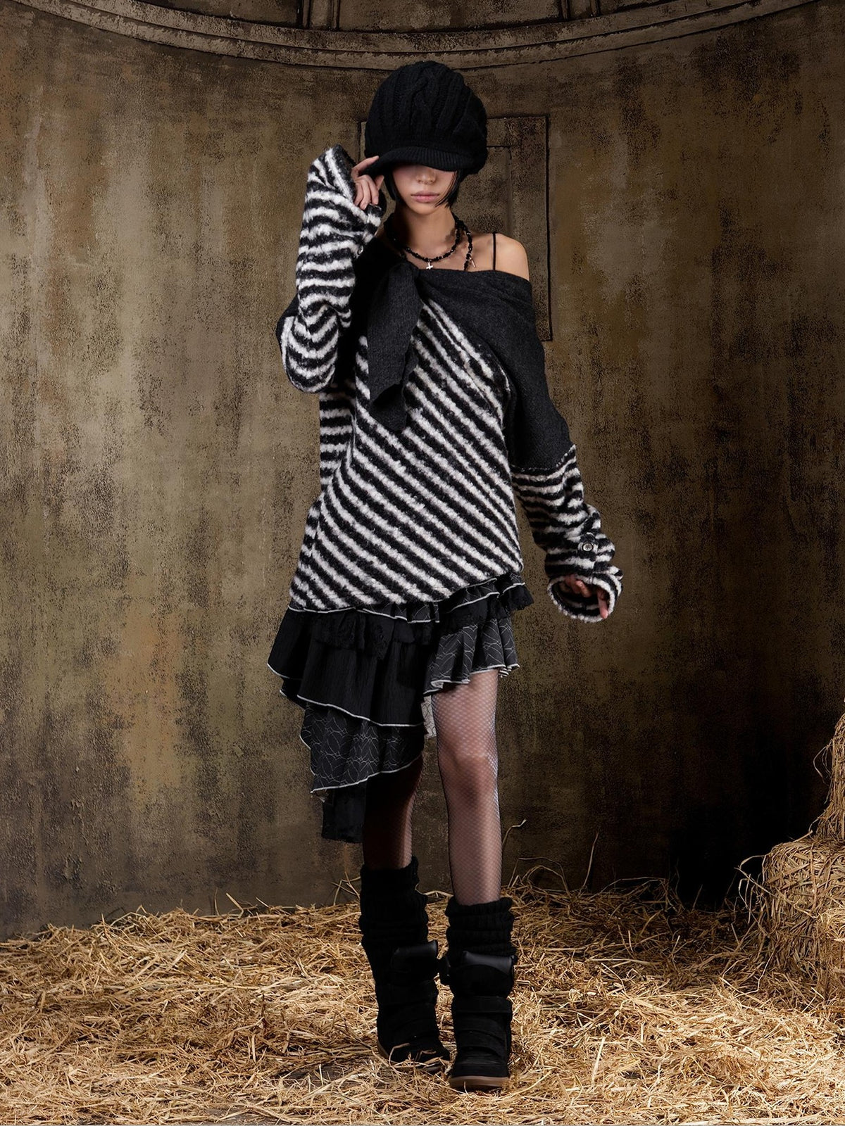 ARIADNAw Color Block Striped Off Shoulder Punk Women's Long Sleeve T-shirts
