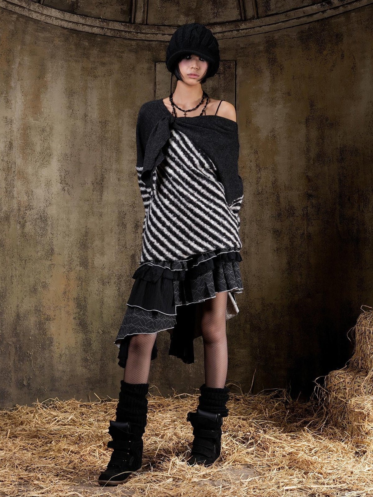 ARIADNAw Color Block Striped Off Shoulder Punk Women's Long Sleeve T-shirts
