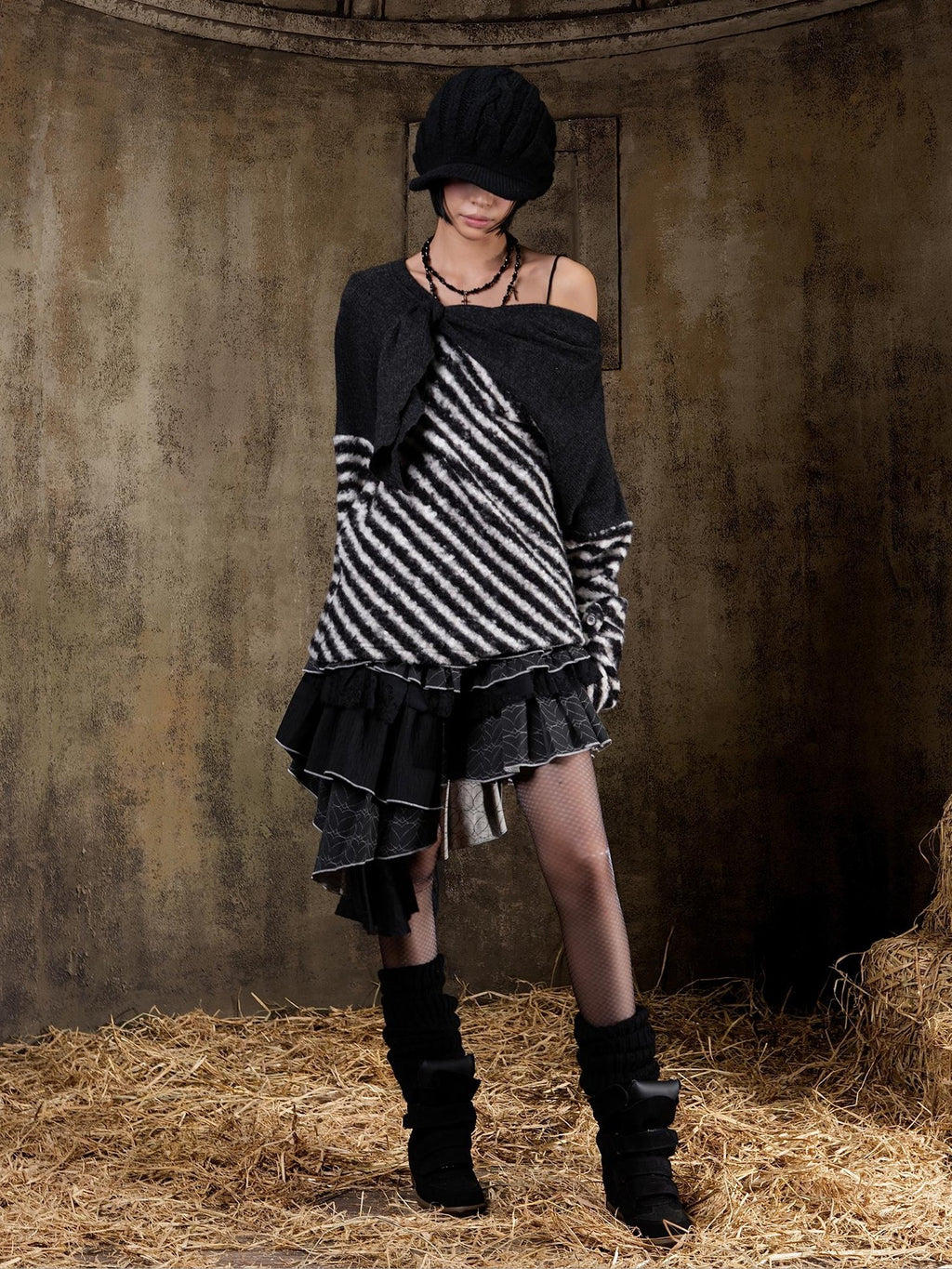 ARIADNAw Color Block Striped Off Shoulder Punk Women's Long Sleeve T-shirts