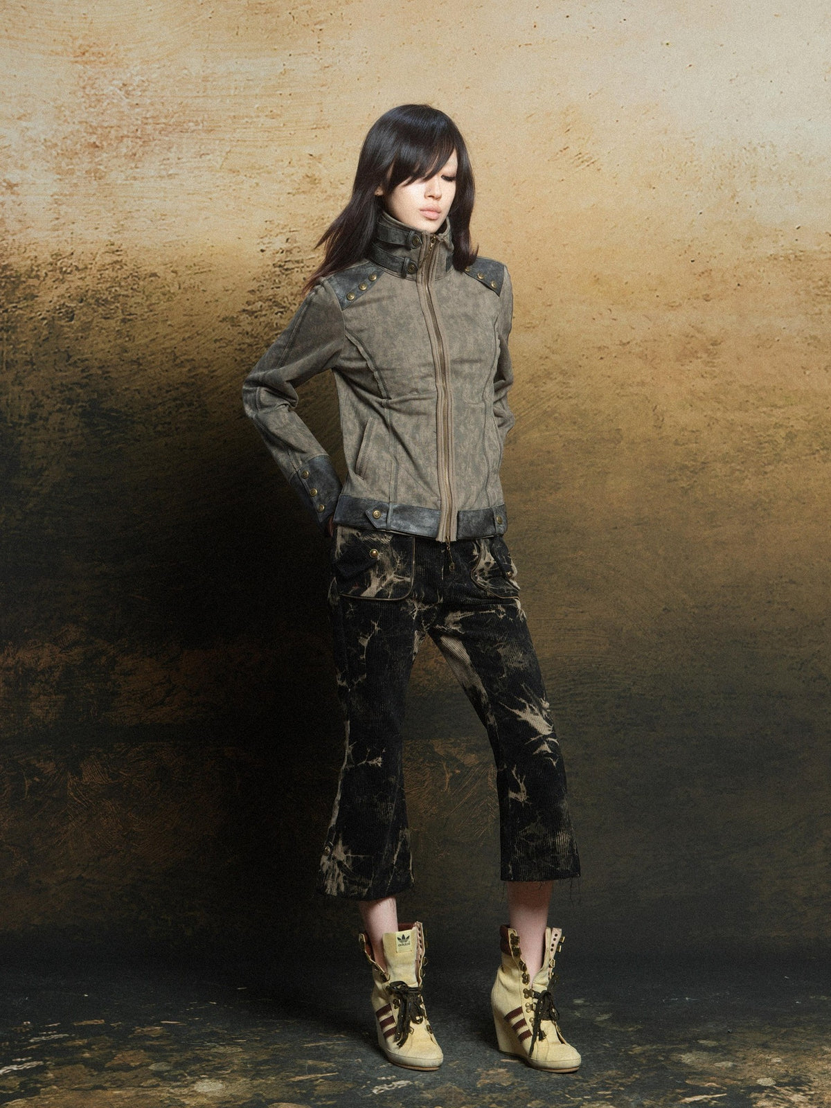 ARIADNAw Cutout Patchwork Pu Paneled High Neck Women's Leather Jackets