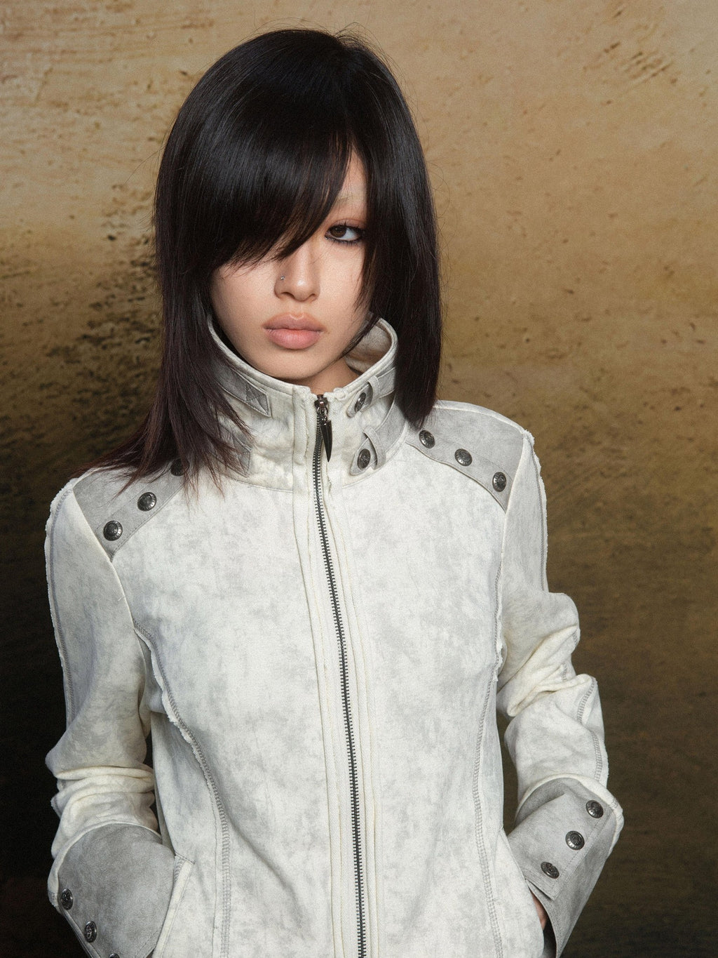 ARIADNAw Cutout Patchwork Pu Paneled High Neck Women's Leather Jackets