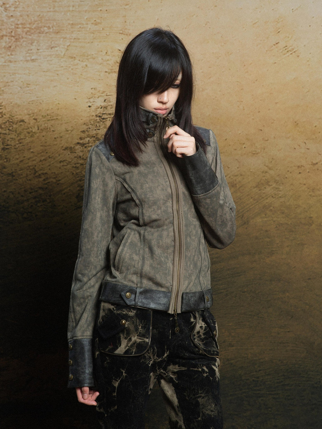 ARIADNAw Cutout Patchwork Pu Paneled High Neck Women's Leather Jackets
