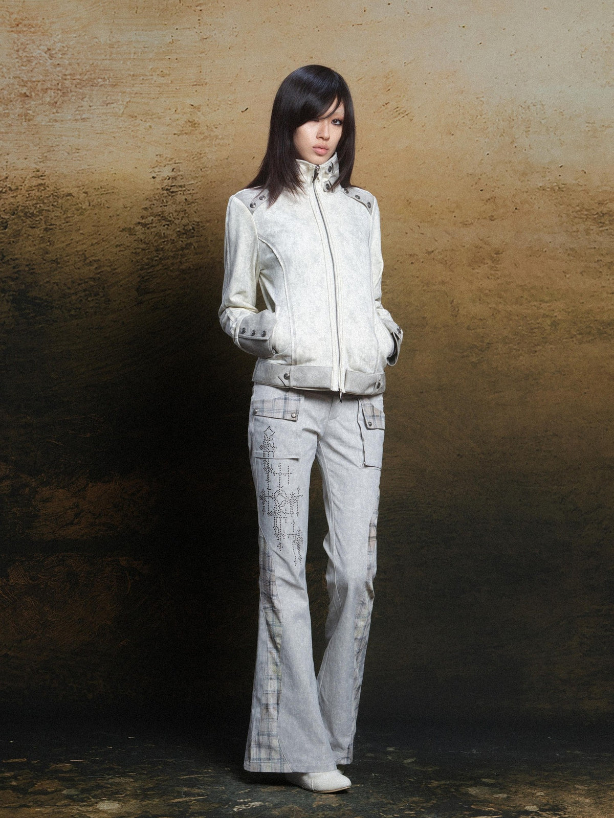 ARIADNAw Cutout Patchwork Pu Paneled High Neck Women's Leather Jackets