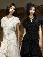 ARIADNAw Dark Punk Court Puff Sleeve Round Neck Slim Fit Women's Blouses