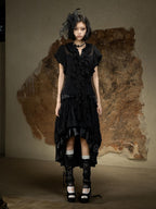 ARIADNAw Dark Punk Court Puff Sleeve Round Neck Slim Fit Women's Blouses