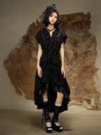 ARIADNAw Dark Punk Court Puff Sleeve Round Neck Slim Fit Women's Blouses