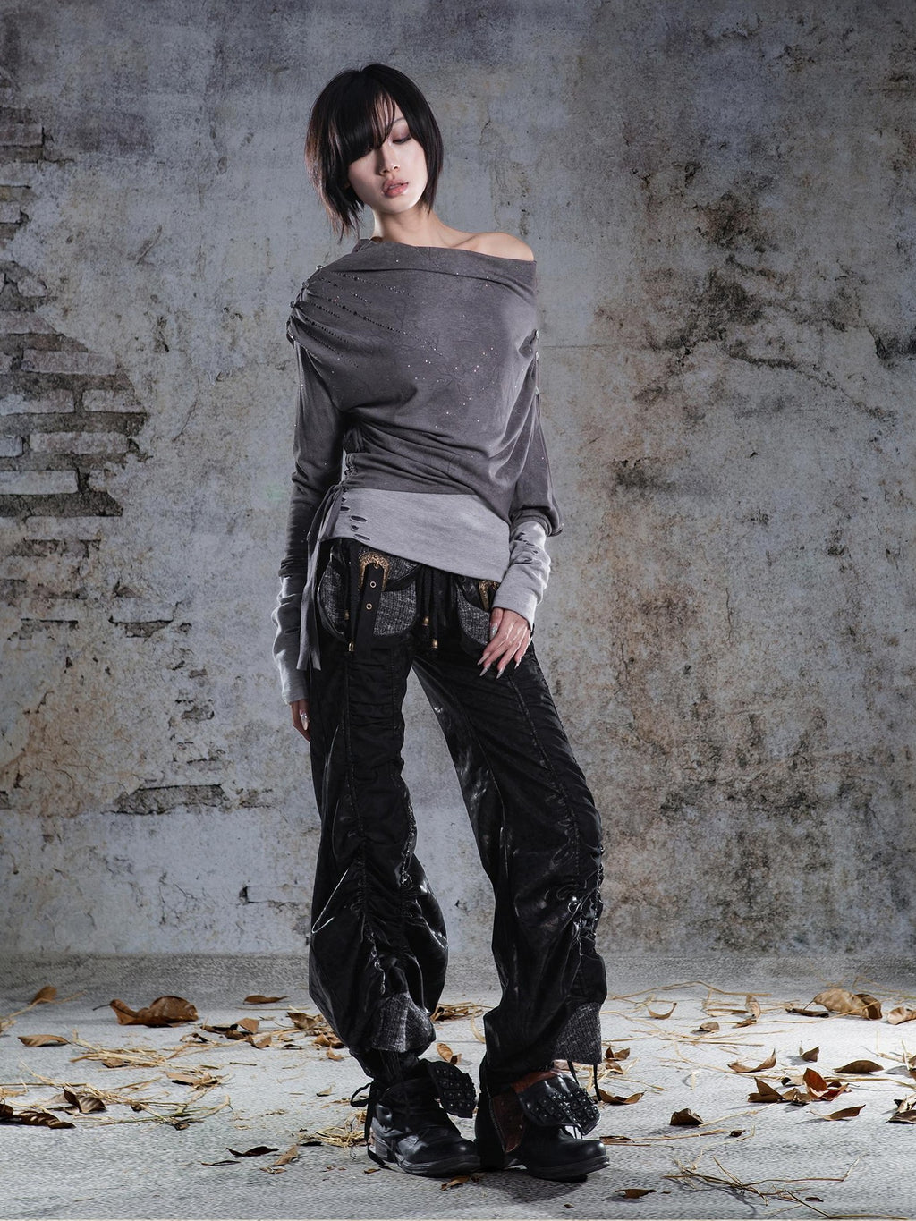 ARIADNAw Drawstring Ruched Patchwork Rock Women's Straight Pants