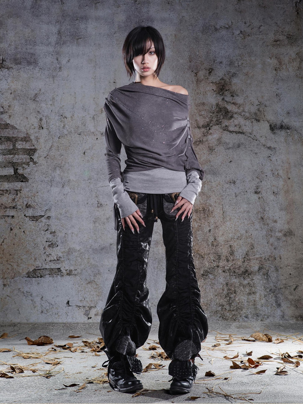 ARIADNAw Drawstring Ruched Patchwork Rock Women's Straight Pants