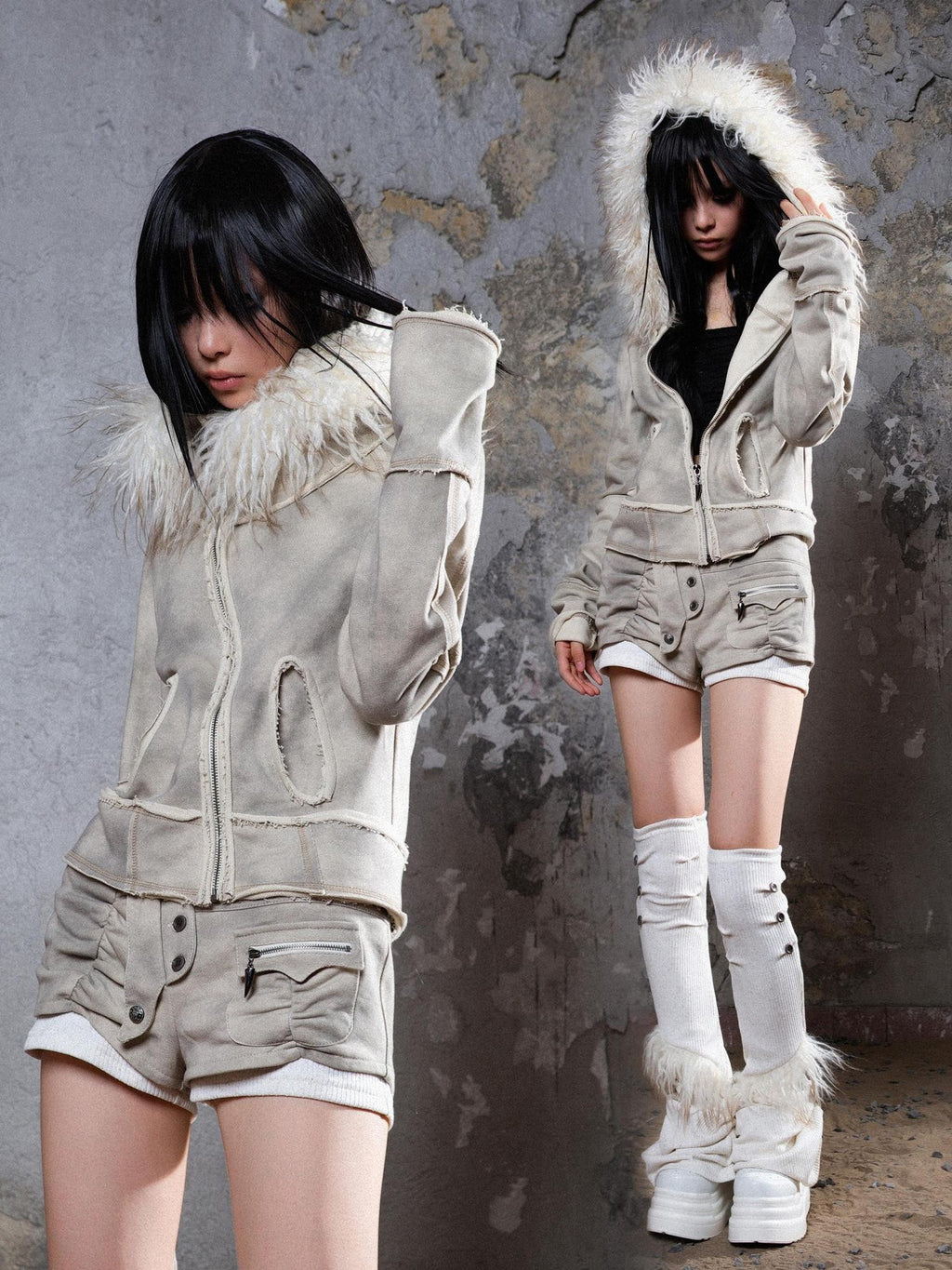 ARIADNAw Faux Fur Collar Distressed Y2k Punk Women's Long Sleeve Cropped Jackets
