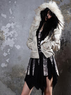 ARIADNAw Faux Fur Collar Distressed Y2k Punk Women's Long Sleeve Cropped Jackets