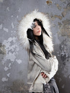ARIADNAw Faux Fur Collar Distressed Y2k Punk Women's Long Sleeve Cropped Jackets