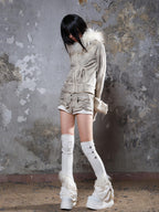 ARIADNAw Faux Fur Collar Distressed Y2k Punk Women's Long Sleeve Cropped Jackets