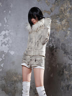 ARIADNAw Faux Fur Collar Distressed Y2k Punk Women's Long Sleeve Cropped Jackets