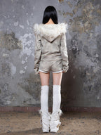 ARIADNAw Faux Fur Collar Distressed Y2k Punk Women's Long Sleeve Cropped Jackets