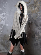ARIADNAw Faux Fur Collar Distressed Y2k Punk Women's Long Sleeve Cropped Jackets