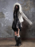 ARIADNAw Faux Fur Collar Distressed Y2k Punk Women's Long Sleeve Cropped Jackets