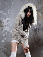 ARIADNAw Faux Fur Collar Distressed Y2k Punk Women's Long Sleeve Cropped Jackets