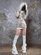 ARIADNAw Faux Fur Collar Distressed Y2k Punk Women's Long Sleeve Cropped Jackets
