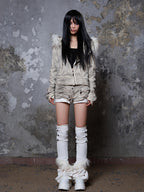 ARIADNAw Faux Fur Collar Distressed Y2k Punk Women's Long Sleeve Cropped Jackets