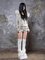 ARIADNAw Faux Fur Collar Distressed Y2k Punk Women's Long Sleeve Cropped Jackets