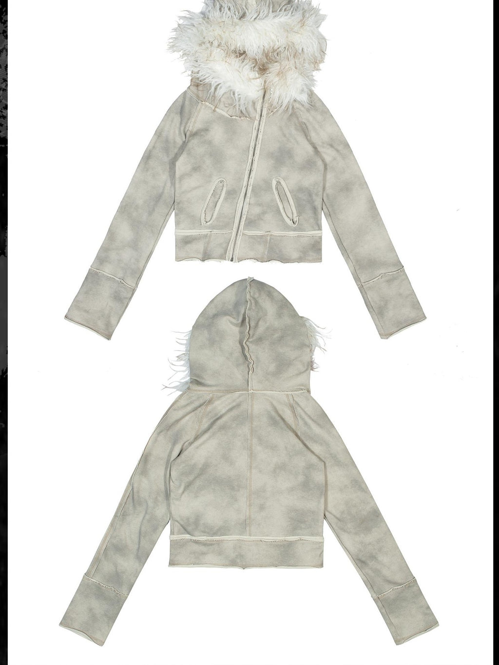 ARIADNAw Faux Fur Collar Distressed Y2k Punk Women's Long Sleeve Cropped Jackets