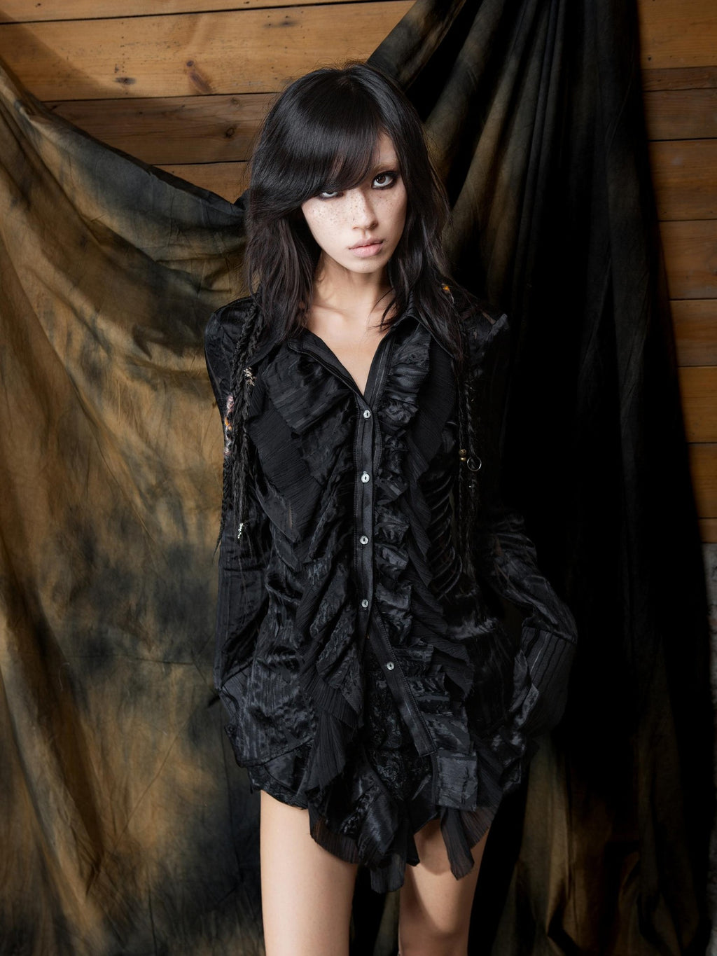 ARIADNAw Gothic Two Tone Ruffled Asymmetric Button Front Long Sleeve Women's Blouses