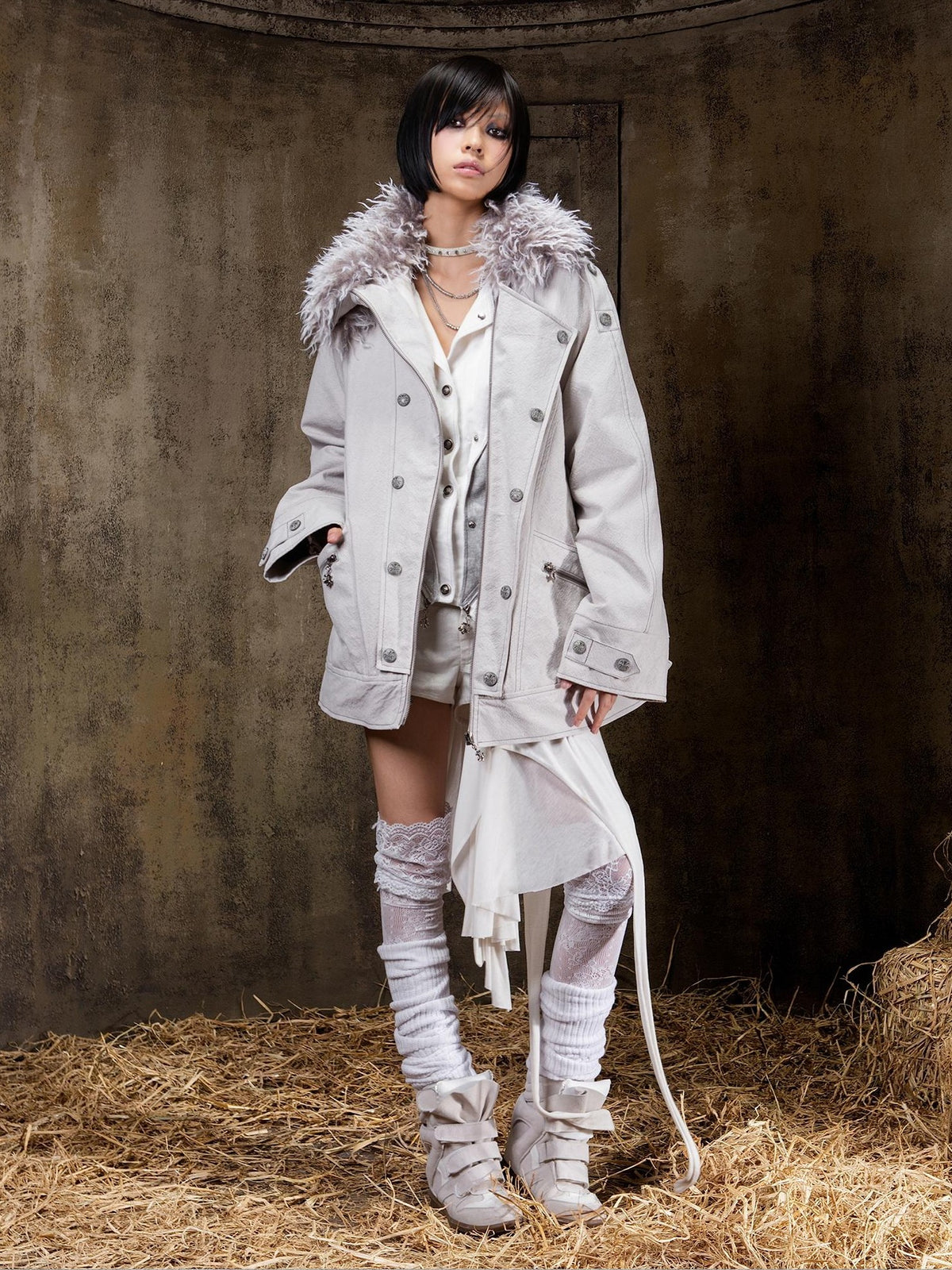 ARIADNAw Lace Up Denim Palace Punk Vintage Women's Long Coats
