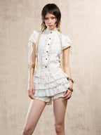 ARIADNAw Leopard Print Stand Collar Puff Sleeve Slim Fit Women's Cotton Blouses