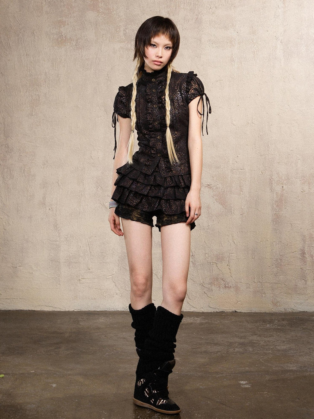 ARIADNAw Leopard Print Stand Collar Puff Sleeve Slim Fit Women's Cotton Blouses