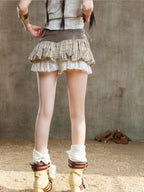 ARIADNAw Low Waist Color Block Plaid Bubble Women's Short Trousers