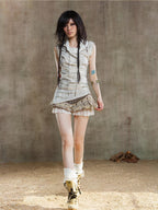 ARIADNAw Low Waist Color Block Plaid Bubble Women's Short Trousers