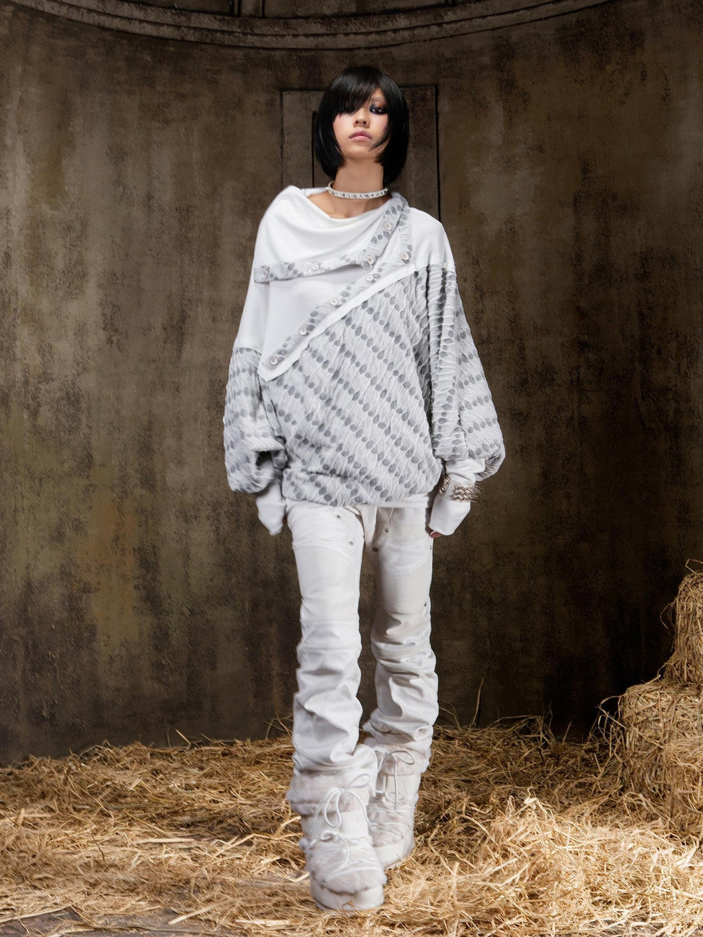 ARIADNAw Polka Dot Knit Batwing Sleeve Stacked Neck Loose Women's Sweatshirts