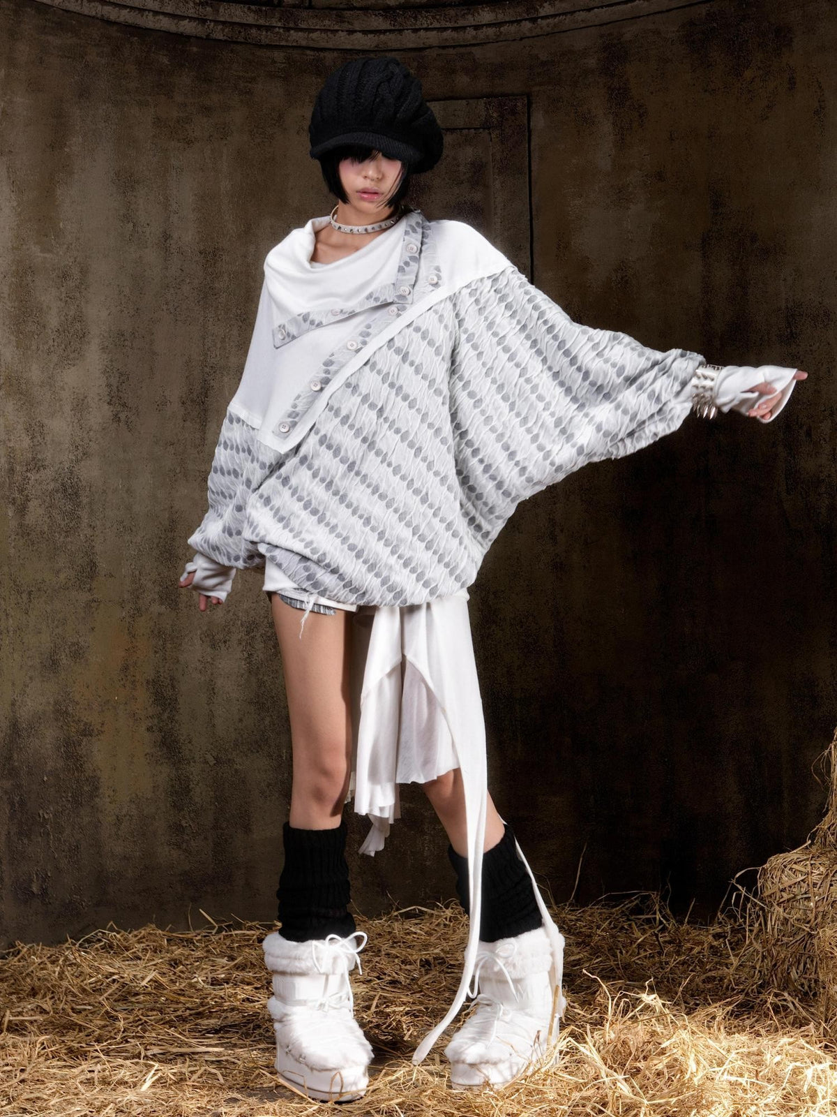 ARIADNAw Polka Dot Knit Batwing Sleeve Stacked Neck Loose Women's Sweatshirts
