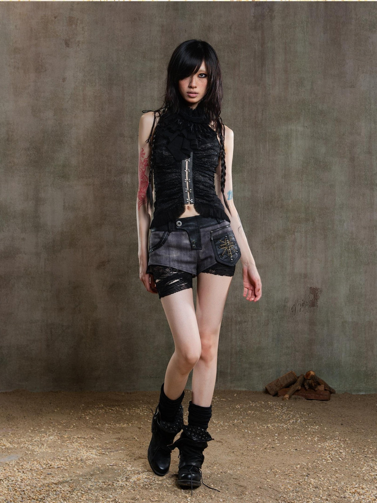 ARIADNAw Punk Gothic Lace Ruched Open Back Slim Fit Women's Tank Tops