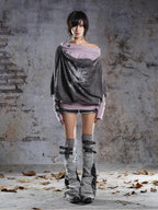 ARIADNAw Punk Print Off Shoulder Batwing Sleeve Fake Two Piece Women's Sweatshirts