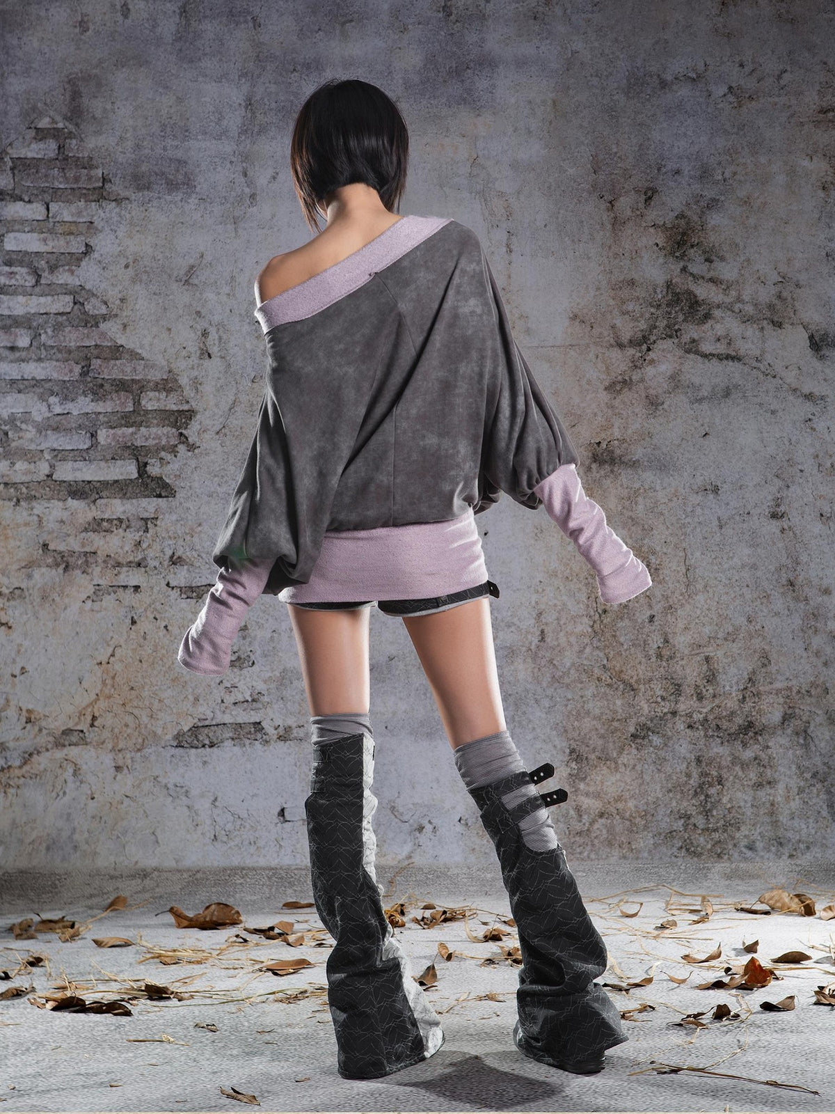 ARIADNAw Punk Print Off Shoulder Batwing Sleeve Fake Two Piece Women's Sweatshirts