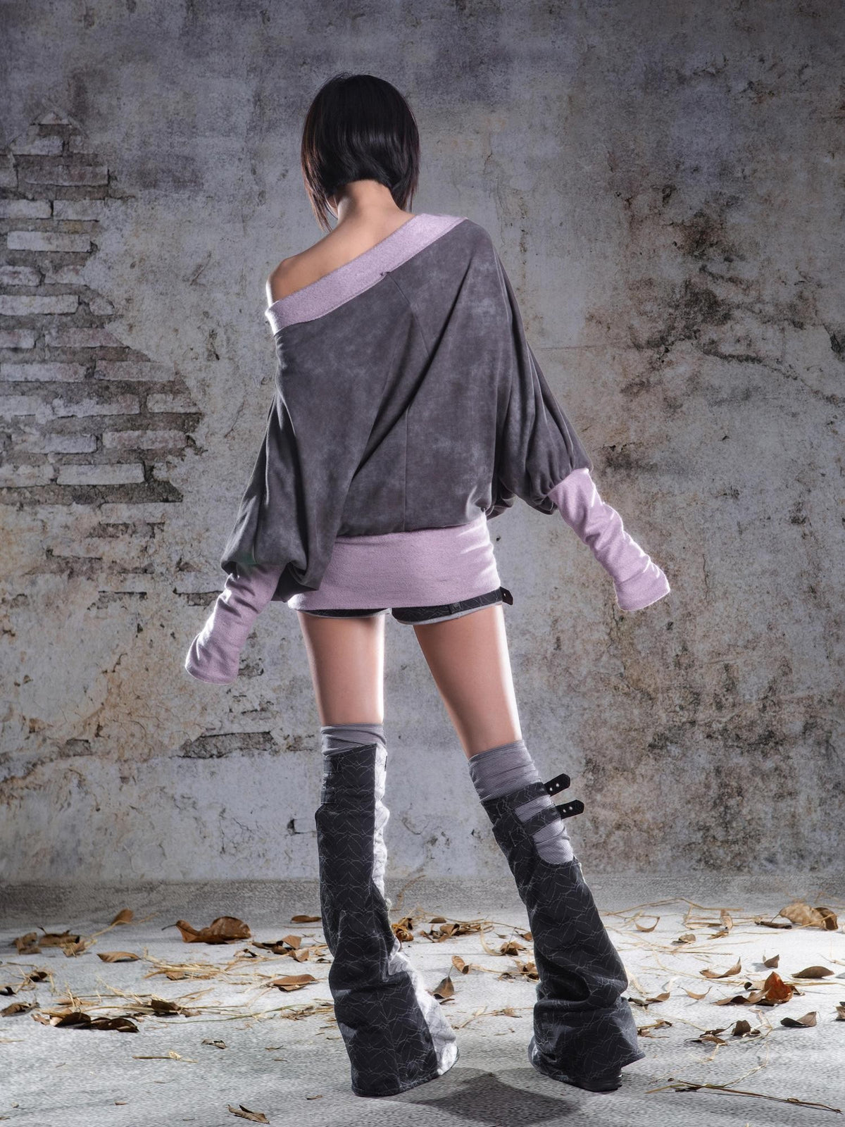 ARIADNAw Punk Print Off Shoulder Batwing Sleeve Fake Two Piece Women's Sweatshirts