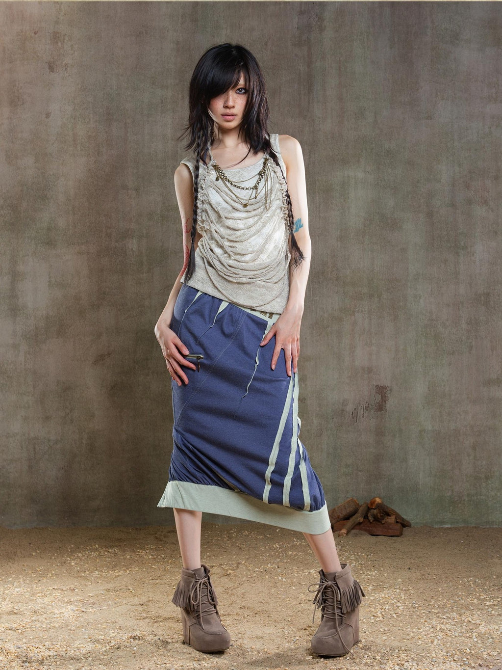ARIADNAw Rhinestone Color Block Asymmetric Low Rise Women's Midi Skirts