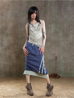 ARIADNAw Rhinestone Color Block Asymmetric Low Rise Women's Midi Skirts
