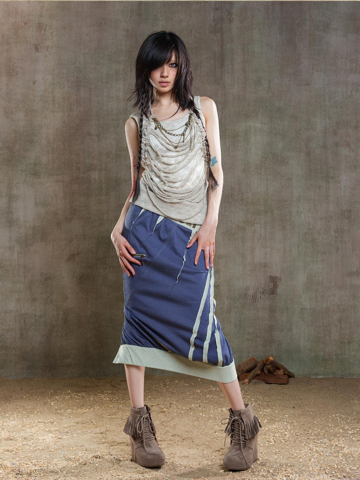 ARIADNAw Rhinestone Color Block Asymmetric Low Rise Women's Midi Skirts