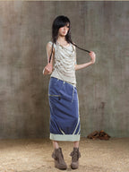 ARIADNAw Rhinestone Color Block Asymmetric Low Rise Women's Midi Skirts