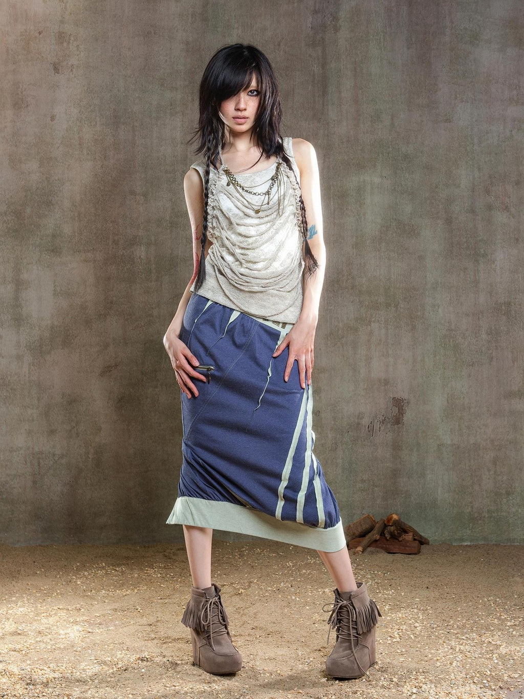 ARIADNAw Rhinestone Color Block Asymmetric Low Rise Women's Midi Skirts