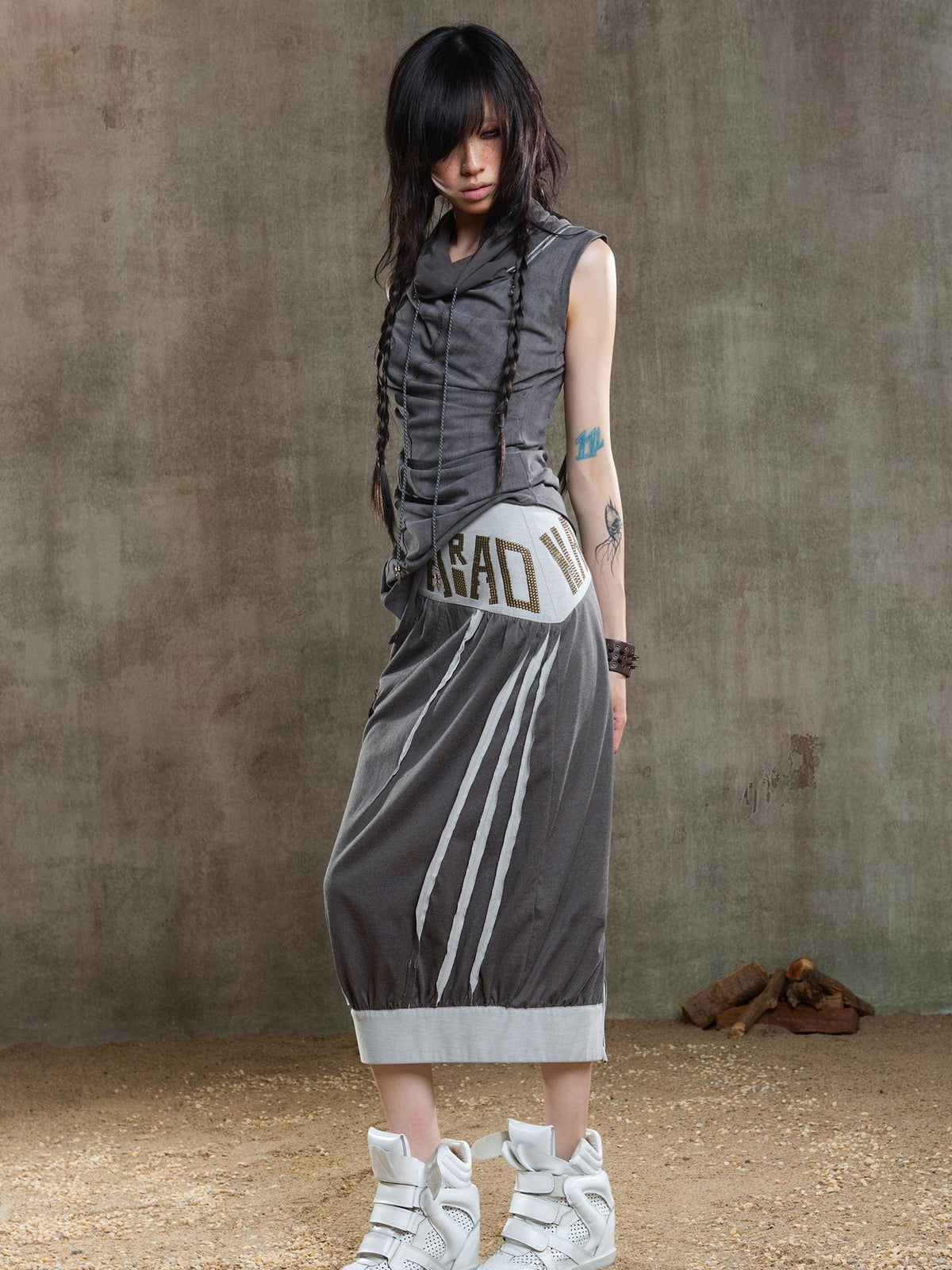 ARIADNAw Rhinestone Color Block Asymmetric Low Rise Women's Midi Skirts