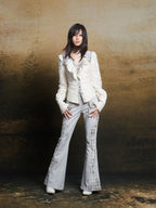 ARIADNAw Rhinestone Embellished Plaid Color Block Double Waist Women's Flare Pants