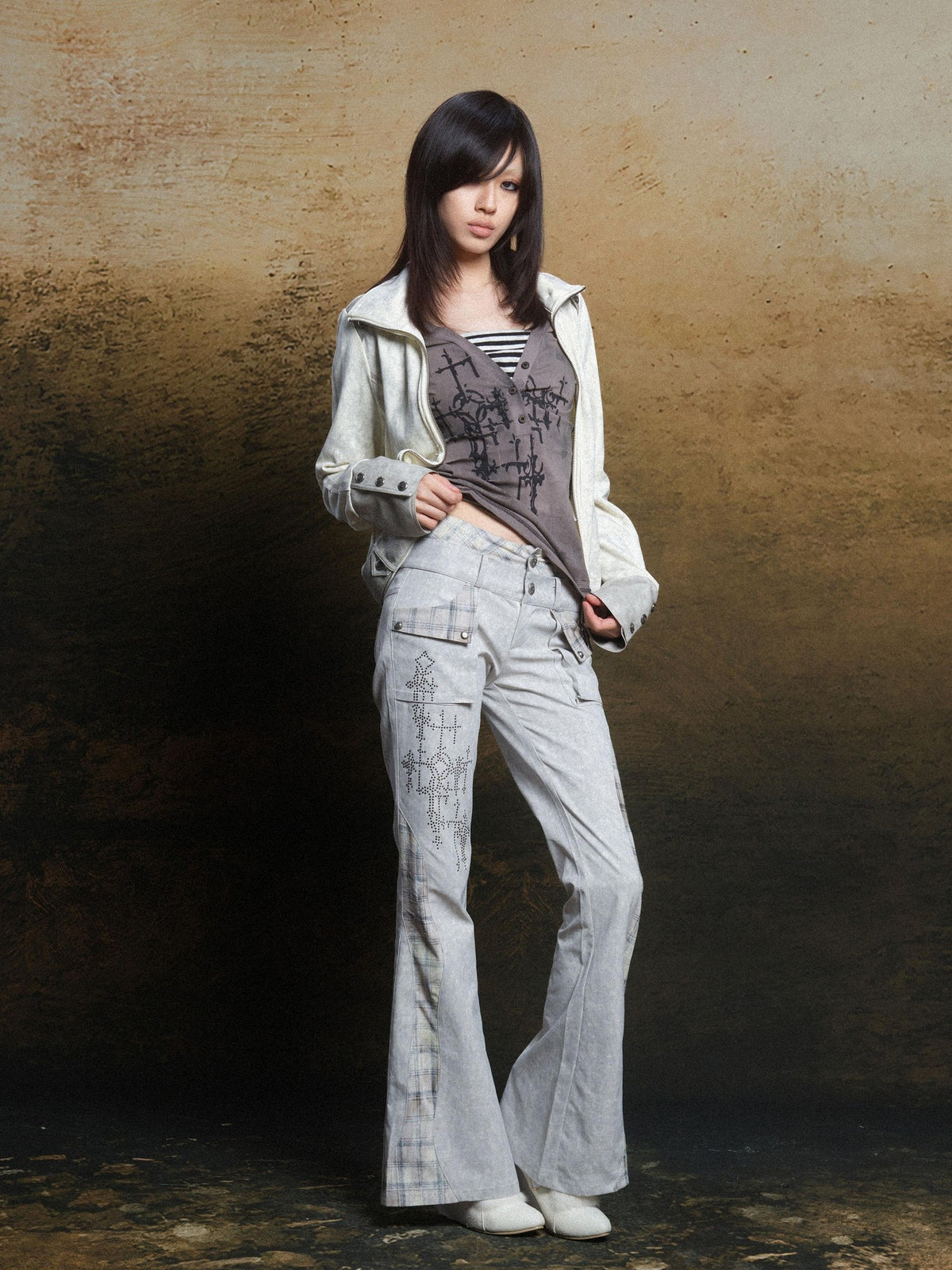 ARIADNAw Rhinestone Embellished Plaid Color Block Double Waist Women's Flare Pants