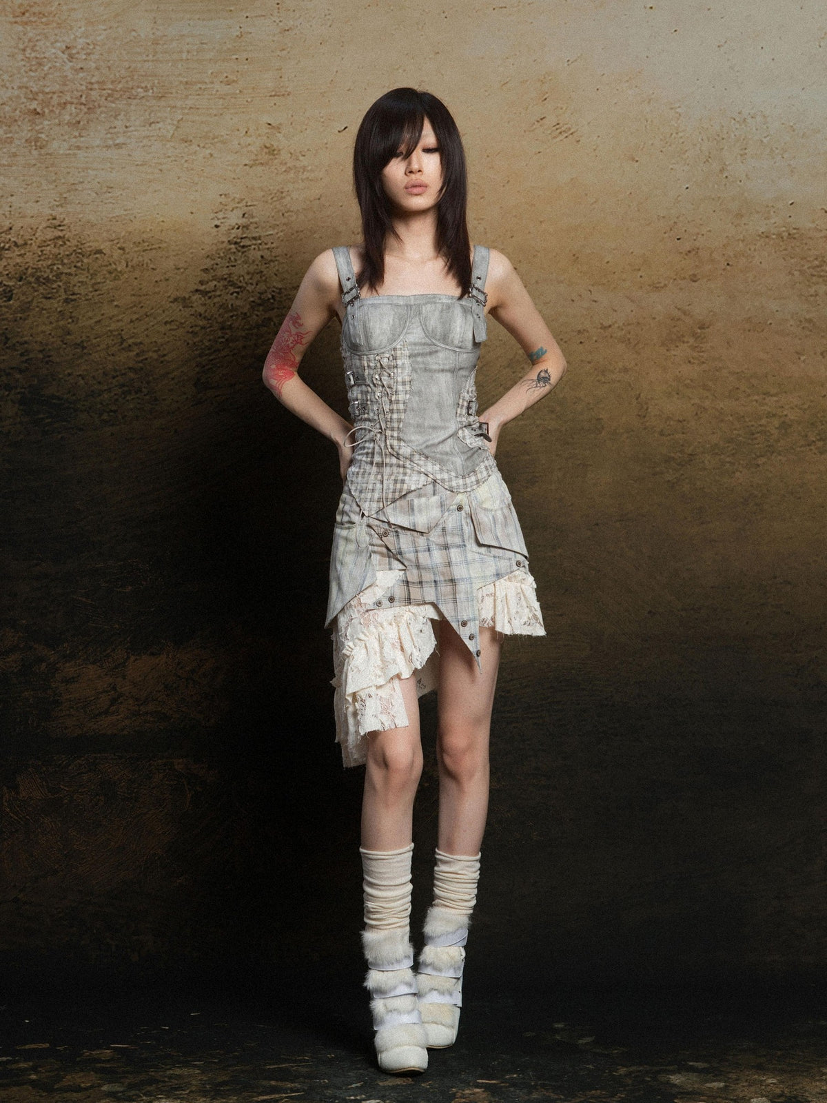 ARIADNAw Star Patchwork Asymmetric Layered Ripped Lace Women's Mini Skirts