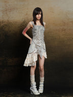ARIADNAw Star Patchwork Asymmetric Layered Ripped Lace Women's Mini Skirts
