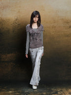 ARIADNAw Totem Cross Print Faux Layered V-neck Women's Long Sleeve T-shirts