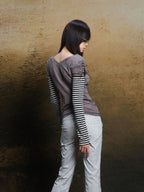 ARIADNAw Totem Cross Print Faux Layered V-neck Women's Long Sleeve T-shirts